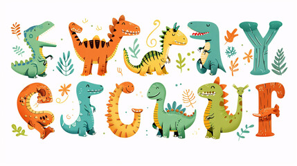 Wall Mural - Hand-drawn dinosaur alphabet typography set, featuring cute and happy dinosaur characters on a white background