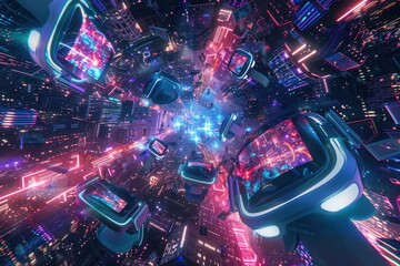 Poster - VR headsets and AR glasses soar through a digital city. Generative AI