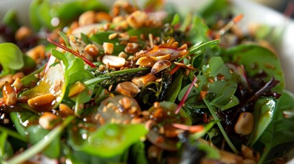 Poster - A simple yet flavorful salad of foraged beach greens tossed with a honey and seaweed dressing and topped with toasted beach nuts.