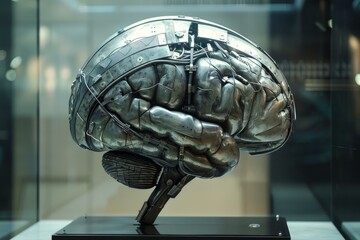 Poster - Metallic brain sculpture representing artificial intelligence, displayed on a base in a modern museum