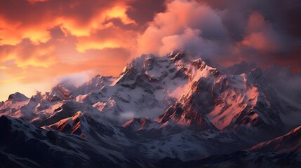 beautiful panorama of snowy mountains at sunset - 3d illustration