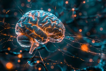 Poster - 3d illustration of a human brain with glowing neurons firing, symbolizing brain activity, neural network, consciousness, and artificial intelligence