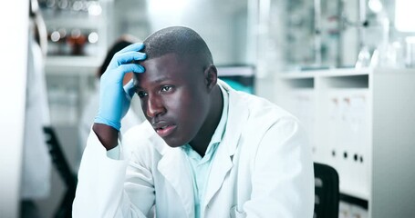 Aufkleber - Black man, scientist and stress in lab on computer, medical research and planning investigation. Male person, exhausted and employee for biotechnology, tired and deadline for experiment results