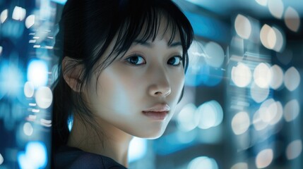 Poster - The picture of the asian professional female scientist researcher working inside the laboratory analyzing the samples, the researcher require skills like experience and good research methods. AIG43.