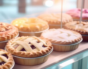 Wall Mural - Variety of pies in a display window for sale; delicious, tasty gourmet pastries close up with selective focus