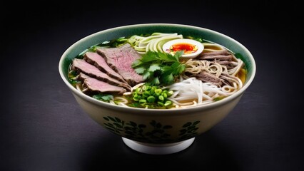 Wall Mural - Artisanal Ramen Delight, Beef and Egg Noodles in a Rich, Golden Broth with Green Onions and Chili Oil Topping