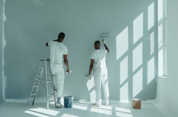 Two male workers from the professional home renovation service painting walls light gray in a big bright living room interior inside a new modern house or apartment