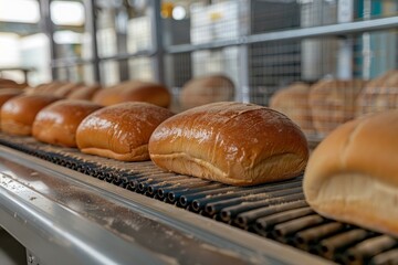 Freshly baked bread loaves cooling down on an industrial conveyor belt in a bakery