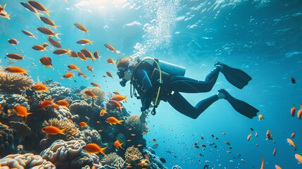 A scuba diver exploring a vibrant coral reef teeming with colorful marine life.  