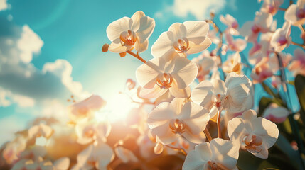 Sticker - Beautiful White Orchids Blooming in the Sunshine. A Stunning Floral Background