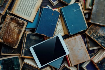 Leinwandbilder - A digital tablet lies atop a pile of old books, representing the shift to digital learning and the evolution of educational materials. Generative AI
