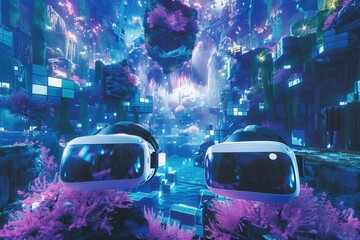 Poster - Two VR headsets stand in a surreal, digital landscape, showcasing the power of immersive technology. Generative AI