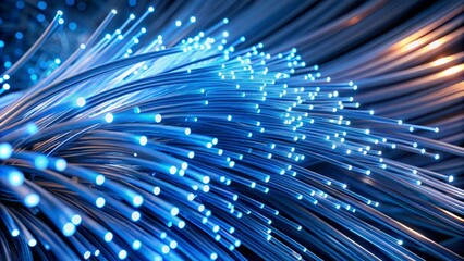 Sleek metallic cords intertwined with fiber optics, pulsing with blue light, transmit digital information through a complex network infrastructure.