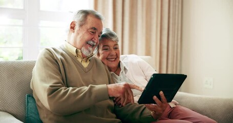 Poster - Happy, tablet and senior couple on couch for streaming movie, online game and retirement in home. Smile, elderly man and woman on sofa with tech for digital picture album, relax and bonding for love