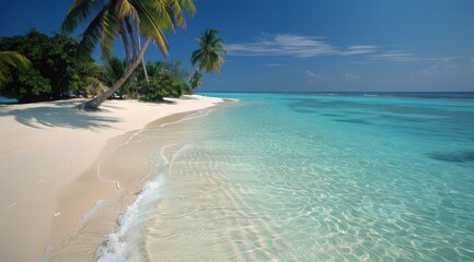 Canvas Print - Tropical Beach With Palm Trees and Clear Blue Water on a Sunny Day