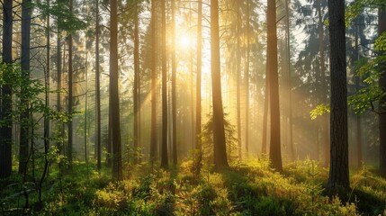 Aufkleber - A serene image of a misty forest at dawn, with sunbeams illuminating the trees. The tranquil scene is perfect for showcasing nature conservation and eco-friendly businesses. Generative AI