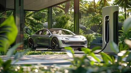 Eco-Friendly Electric Car Charging at Modern Station in Green Setting