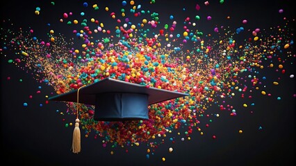 Vibrant multicolored confetti swirls around a solitary graduation cap on a sleek black background, symbolizing academic excellence and hard-earned success.
