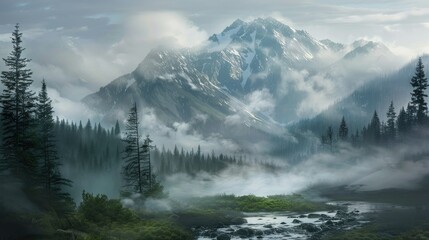 A mountain range covered in mist with a forest and stream in the foreground