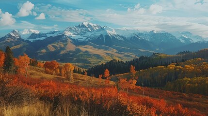 A mountain landscape with fall colors in the foreground and snow-capped peaks in the background