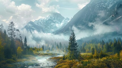 A mountain range covered in mist with a forest and stream in the foreground