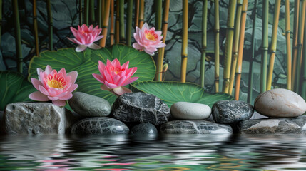 Canvas Print - Serene Zen Garden with Pink Lotus Flowers, Bamboo, and Stones Reflected in Water