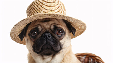 Wall Mural - Cute pug wearing a summer hat and sunglasses, isolated on white background