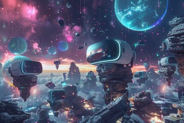 Poster - A surreal landscape with VR headsets and AR glasses floating on rock formations in a futuristic digital world. Generative AI