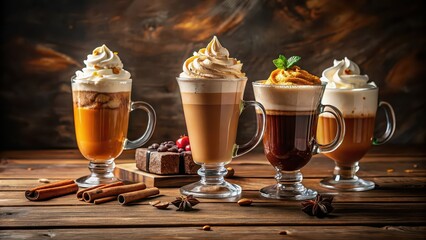 Wall Mural - Variety of drinks topped with whipped cream in a cozy cafe setting , cafe, drinks, beverage, whipped cream, frothy