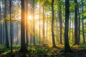 Aufkleber - A serene forest landscape at dawn, with sunlight filtering through the trees and creating a mystical mist. Generative AI