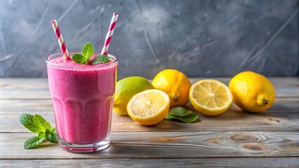 Canvas Print - Vibrant pink smoothie with lemon slices and straw in glass, refreshing, healthy, beverage, fruity, drink, vibrant, colorful