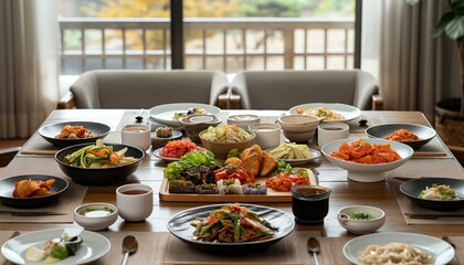 The dining table is beautifully set with a variety of Korean dishes arranged aesthetically