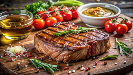 Canvas Print - Close up of juicy gourmet grilled steak served with condiments , gourmet, grilled, steak, close up, juicy, delicious, meal