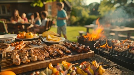 Wall Mural - A family is having a barbecue with a variety of food on a table