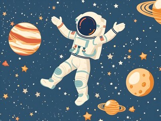 Wall Mural - cartoon astronaut floating in starry space with planets and celestial objects in whimsical dreamlike