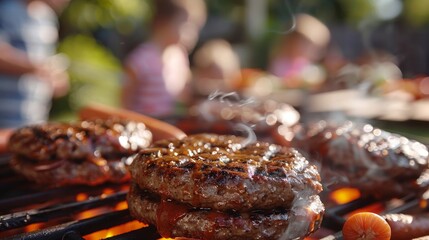 Wall Mural - A group of people are gathered around a grill, cooking hamburgers and hot dogs