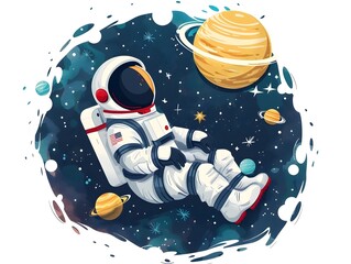 Wall Mural - cartoon astronaut floating in cosmic space with stars and planets