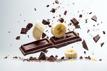 Sticker - Slices of banana and pieces of a dark chocolate bar flying on a white background