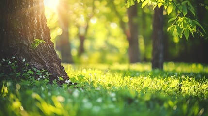 Wall Mural - Summer sunny forest trees and green grass nature wood sunlight background