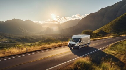 Scenic Van Journey Through Mountain Pass at Sunset - Generative AI