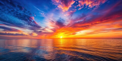 Wall Mural - Vibrant sunset over the calm sea , sunset, sea, ocean, horizon, water, colorful, sky, clouds, tranquil, dusk, reflection