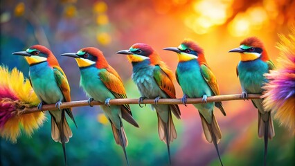 Poster - Birds sitting on a branch surrounded by vibrant feathers and colorful avian harmony, birds, branch, nature, colorful