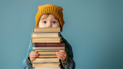 A young child hat holding stack of books, symbolizing curiosity and love for learning