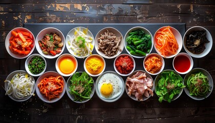 Bibimbap rice is a typical Korean dish served with various vegetables, meat and eggs, then mixed with gochujang sauce.