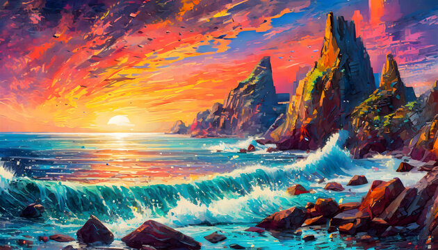 A digital glitch art masterpiece with the ocean and rocks at sunset on on digital art concept, Generative AI.