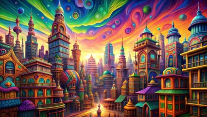 Wall Mural - colorful neon painting of the psychedelic city of the night