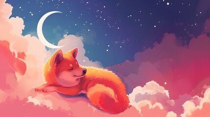 Wall Mural - a red fox peacefully slumbers on a cloud - filled sky, with its pointy ear and black nose visible, while a white dog rests nearby