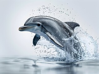Wall Mural - Playful Dolphin Jumping Out of Water with Frozen Droplets on White Background