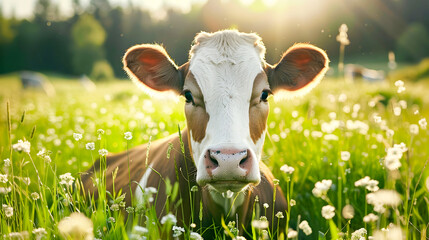 Portrait of a dairy cow peacefully grazing in a lush green meadow under the warm golden sunlight of a scenic countryside landscape  The cow s serene expression and the tranquil