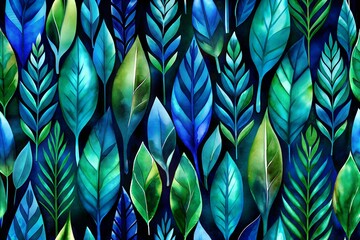 Wall Mural - Watercolor painting of blue and green leaves on a dark background